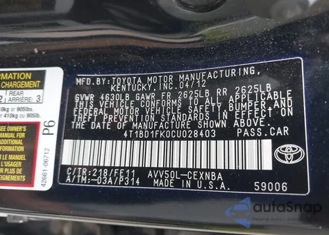 2012 Toyota Camry Hybrid Le/Xle из США, поврежденный, VIN 4T1BD1FK0CU028403
